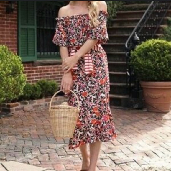 SALONI Dresses & Skirts - SALONI Grace Silk Midi Dress Off Shoulder Floral Multi Size 8